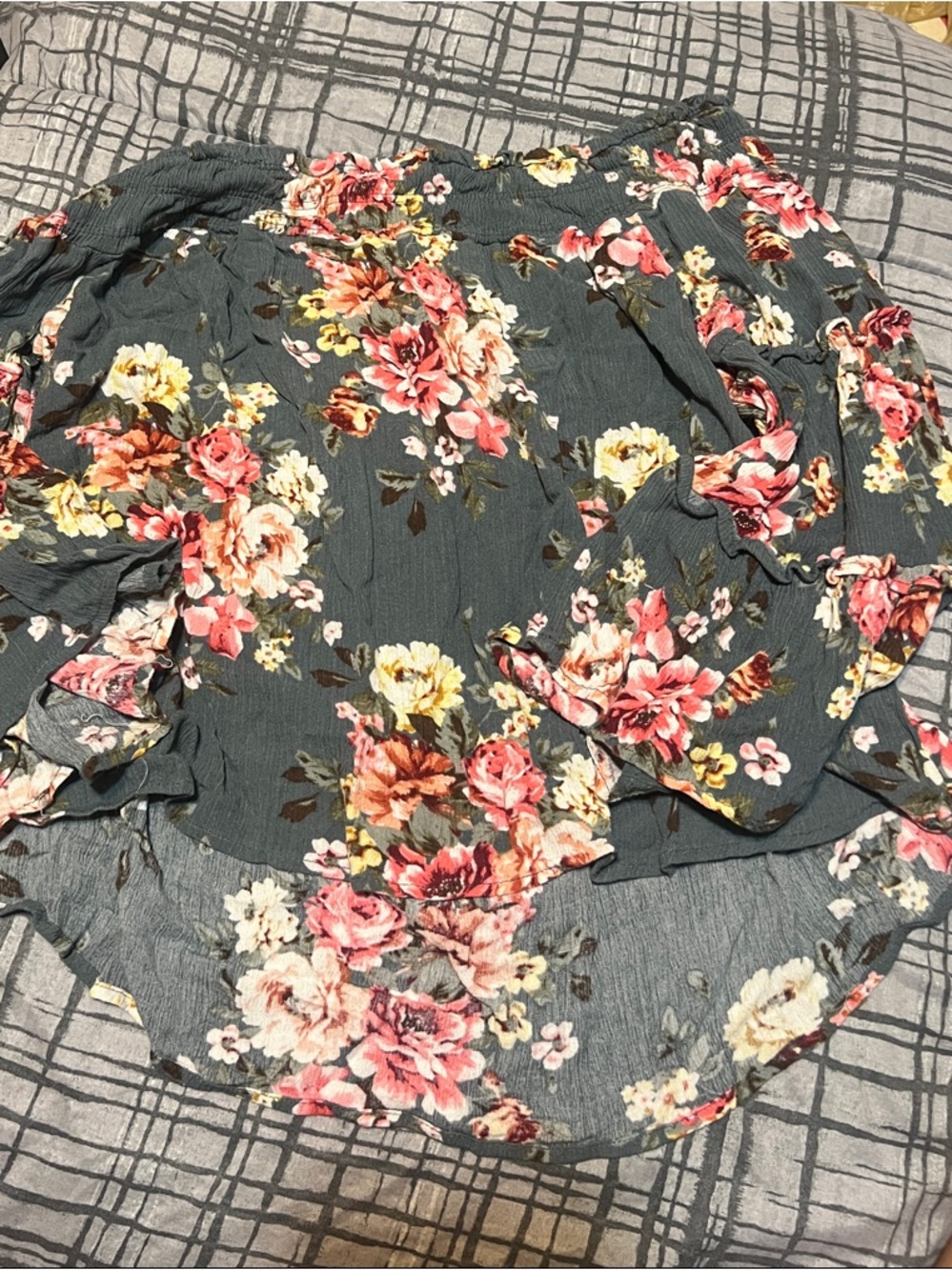 Floral Off-Shoulder Blouse in Slate Blue with Pink Blooms